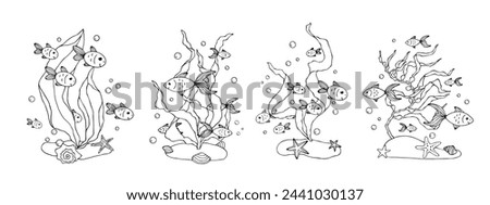 A set of linear sketches, doodles with schools of fish in seaweed. Vector graphics.