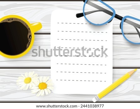 Hand drawn flat lay mockup of blank sheet of paper, eyeglasses, and a cup of coffee on white wooden table