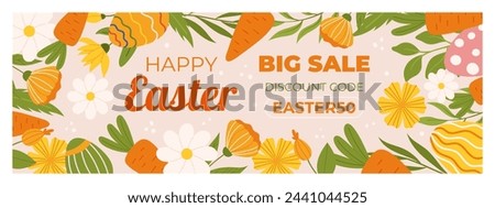 Easter sale horizontal banner template for promotion. Design with  painted eggs, flowers and carrots. Spring seasonal advertising. Hand drawn flat vector illustration Royalty-Free Stock Photo #2441044525