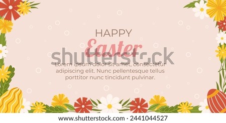 Easter horizontal background template. Design for celebration spring holiday painted eggs and floral frame around Royalty-Free Stock Photo #2441044527