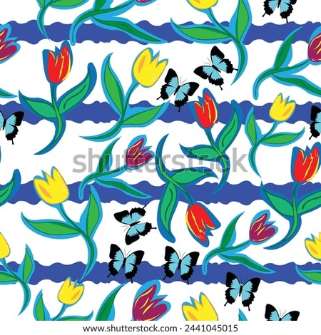 Colorful tulips with contour and butterflies seamless; vector illustration