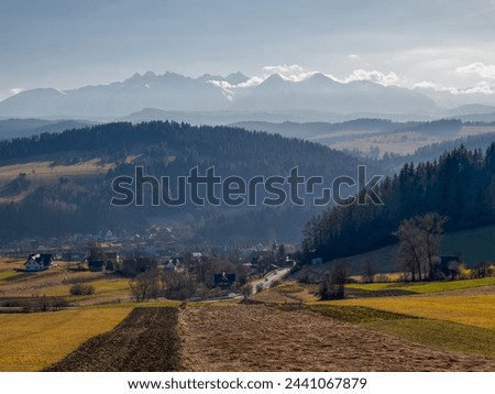 Landscape in the morning. View of the Tatra Mountains from the Pieniny Mountain Range. Sromowce Wyzne. Poland.