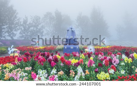 flower garden in foggy scene