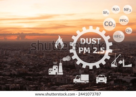 Where does DUST PM 2.5 come from and icons on bangkok city background. Royalty-Free Stock Photo #2441073787