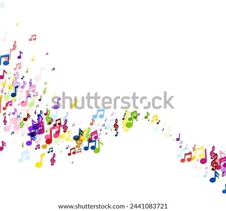 An abstract wave composed of a dense cluster of colorful musical notes cascading across a white background, embodying the flow of music.
