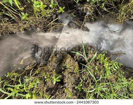 Slow shutter water flowing in the rice field embankment channel. Close up top view photo.