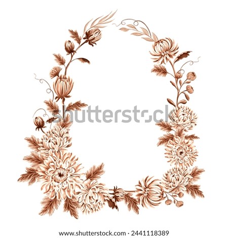 Vintage oval frame from chrysanthemum flowers. Monochrome hand drawn autumn watercolor illustration. Isolated floral spring wreath Template with copy space for card, invitation, scrapbooking, sticker