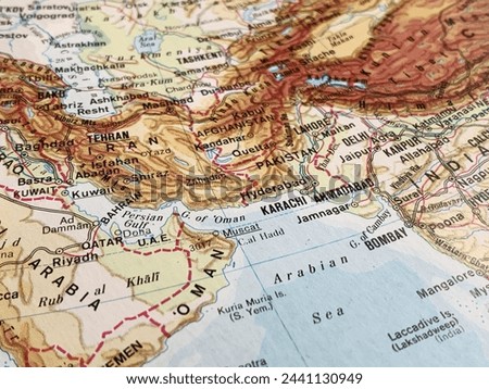 Map of Oman, Iran and Pakistan, world tourism, travel destination, world politics, trade and economy