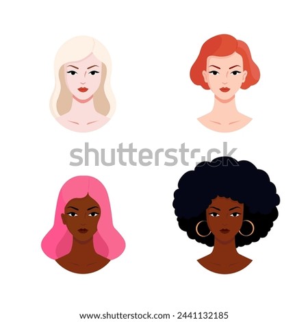 Women avatars. Modern feminist vector stock illustration. Women of different ethnicities and cultures. Concept for equality, international women's day, activism, feminism. Strong and brave girls