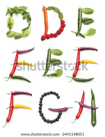 set of letter d e f g h made from green orange red purple chili pepper, blueberry, green salad lettuce leaf, red raspberry for menu text, encyclopedia, cook book, word vegan January. letters isolated Royalty-Free Stock Photo #2441148051