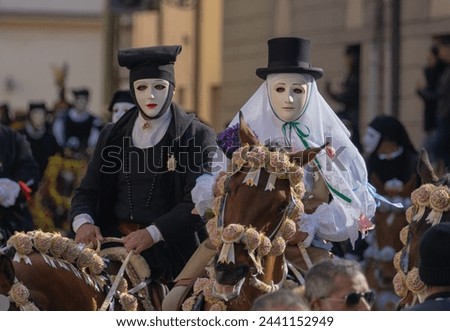 Oristano, Sardinia, ITALY - February 9th, 2024 - Su componidori leaders of the Sartiglia traditional horse race
