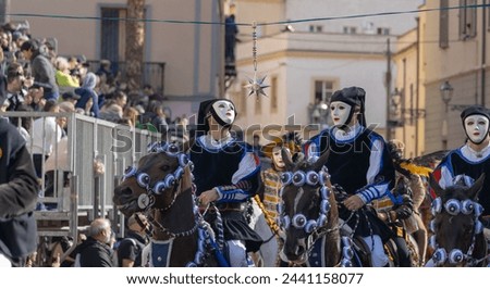 Oristano, Sardinia, ITALY - February 9th, 2024 -riders of the Sartiglia race directed by su componidori