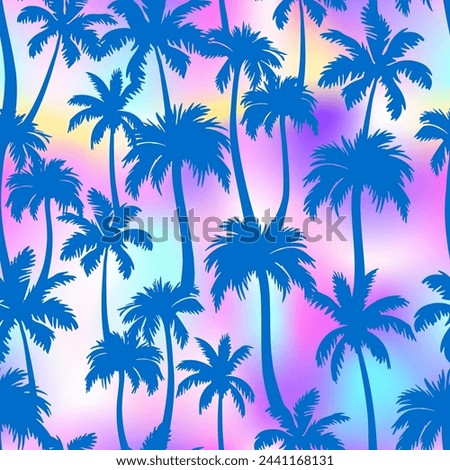 Palm trees seamless pattern. Vector blue tropical jungle texture on rainbow holographic gradient background. Abstract palm silhouettes summer print for textile, exotic wallpapers, wrapping, fabric.