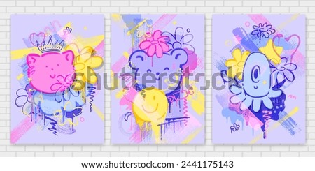 Set of bright posters with cute, kawaii characters, bear, cat, flowers, alien, smile, brush strokes, splatters. Hand drawn style.