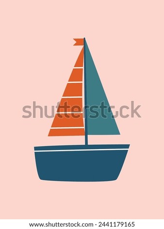 Creative clip art with cartoon kids ship. Cute vector illustration in flat style. Simple minimal modern sticker for children clothes design, banner, card, logo. 