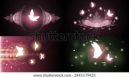 Set Abstract Collection Dark Background With Butterflies Insects Glow Light Shine Flashes Vector Design Style