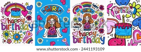 Happy Birthday! Girl. Vector illustration drawn with felt-tip pen and pencil cute funny sketch, doodles, birthday cake with candle, rainbow, star, heart, flower for greeting card, postcard or backgrou