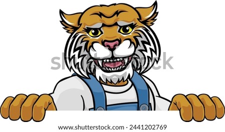 A wildcat cartoon animal mascot gardener, carpenter, handyman, decorator or builder construction worker peeking around a sign
