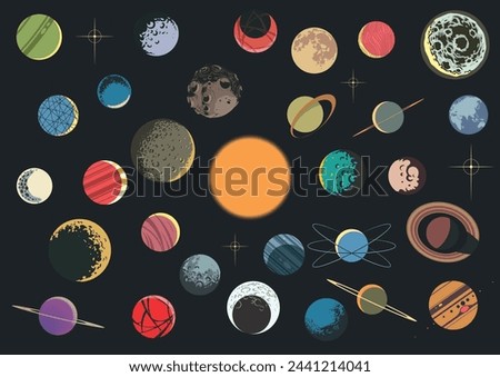 Planets and Their Moons from around the Universe, Celestial Bodies Collection Vector Drawing Royalty-Free Stock Photo #2441214041