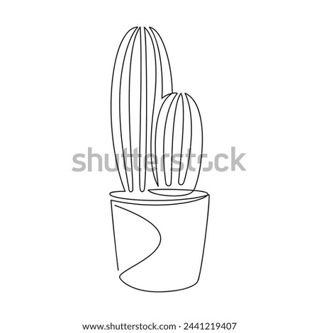Hand drawn line continuous cactus houseplant in pot vector. Outline drawing, botanical illustration. Flowerpot icon. Leaves silhouette. Minimal floral print, banner, card, poster, logo, sign, symbol.