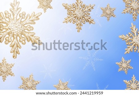 Christmas frame gold snowflakes on blue background Border of sequin confetti Glitter powder sparkling Festive symbol Xmas holiday season Hanging Snow Flake Decoration New Year glitter Toy Copy space