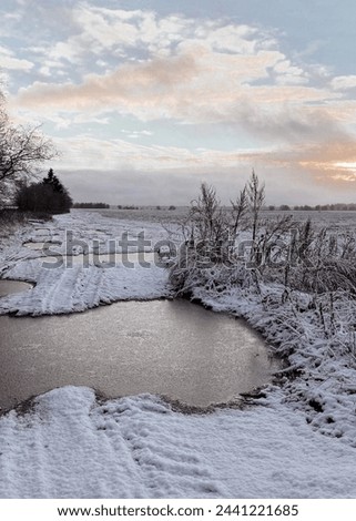 The road and field are covered with snow on a clear winter evening. Photo winter landscape.