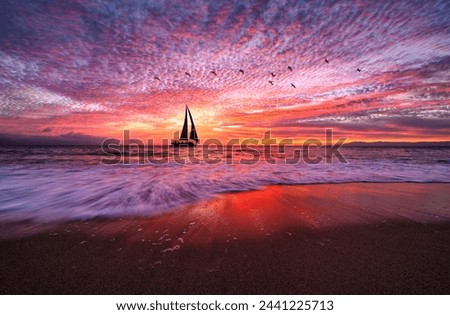 Colorful Image Of A Sailboat Sailing Along The Ocean Horizon