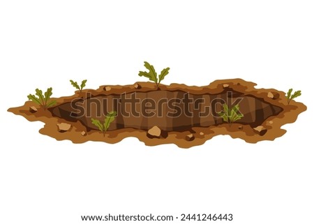 Hole ground. Works digging of sand coal waste rock or gravel. Brown, dry mine element of landscape. Cartoon illustration Royalty-Free Stock Photo #2441246443