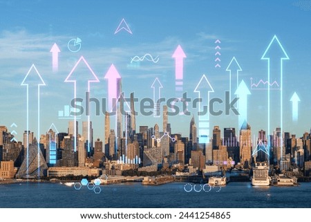 New York cityscape with digital hologram arrows and graphs overlay, photo composite, on urban daytime background. Double exposure