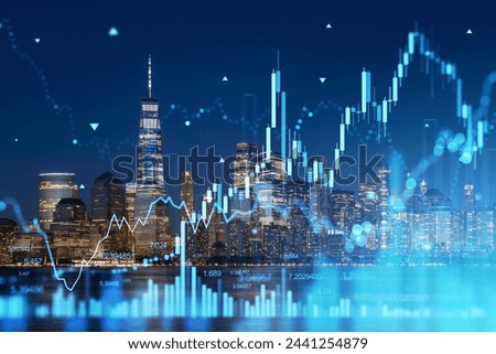 New York skyline with digital stock market chart overlay, concept of business and technology in an urban setting. Double exposure
