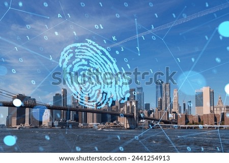 Manhattan skyline with a digital fingerprint hologram overlay, representing security and technology concepts against a clear sky background. Double exposure