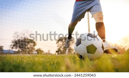 Sport picture of kids playing and kicking soccer football for exercise on green grass field under the sunset. Copy space for text.