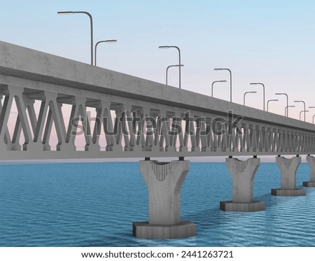 Padma bridge in Bangladesh under blue sky 3D Render. longest bridge on the deep sea. 3d Model. Real bridge is Situated Over the padma river, Mawa, Munsiganj, Dhaka, Bangladesh. 3d Architecture.