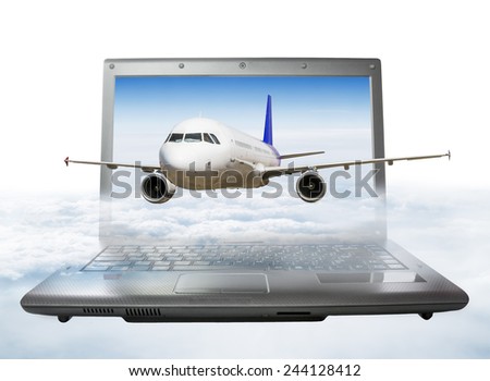 The plane takes off from the laptop screen, soaring in the clouds