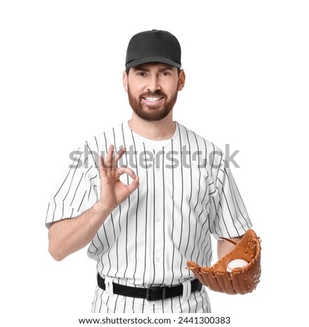 Baseball player with leather glove and ball showing ok gesture on white background