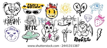 Spray paint graffiti vector set of bear with angel wings, broken heart, eye, devil, ufo, tags with grunge fonts. Graphic ink symbols, slogan and color street art stickers isolated on white background.