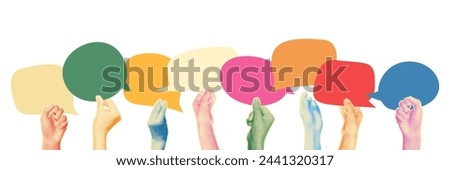 Halftone diverse hands holding speech bubbles. Modern retro art collage for mixed media design with copy space for text. Team work, communication concept. Trendy vector illustration