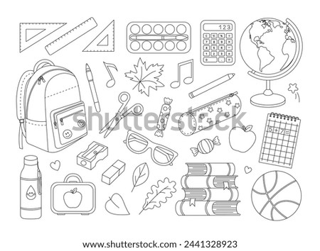 School supplies coloring page. Backpack, globe, books, notebook, calculator, pen, pencil, paints, rulers, scissors etc. Stationery for study outline set. Coloring book for print