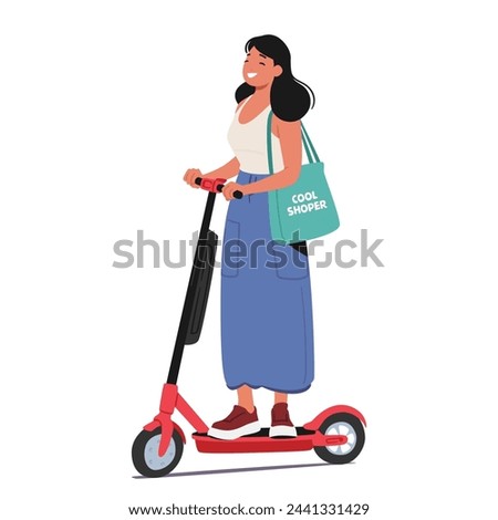 Woman Glides Smoothly Through The City Streets On An Electric Scooter. Young Happy Female Character Embodying Urban Mobility And Eco-friendly Travel. Cartoon People Vector Illustration