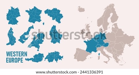 Western Europe map. Germany, Netherland, Belgium, Luxemburg, Austria, Switzerland, France, Monaco, Lieehtenstein maps with regions. Europe map isolated on white background. High detailed. Royalty-Free Stock Photo #2441336391