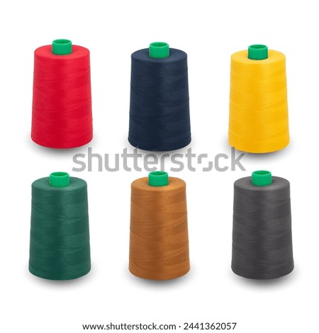 Spool thread collection. Various colors threads isolated. Rubber thread green plastic spool. Collection of cutout threads. Vibrant vivid colors. Sew threads. Colorful hobby background. Tailor shop. Royalty-Free Stock Photo #2441362057