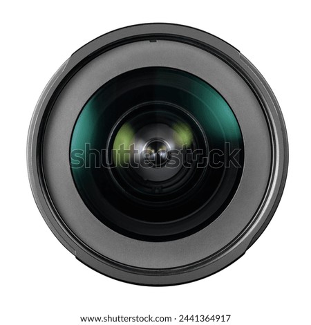 Front close-up shot of a camera lens with light reflections on the glass elements isolated on a white background.