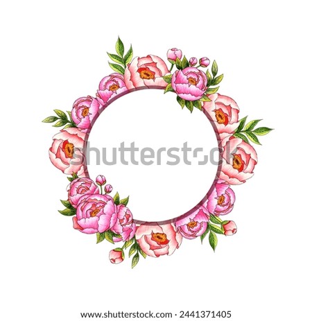 Watercolor illustration round frame wreath border with pink peonies, buds and leaves. Botanical composition isolated on white background. Great pattern for home decor, stationery, wedding invitations