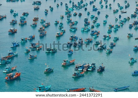 Aerial view from the cable car to the national Vietnamese wooden fishing boats on sea An Thoi harbor. Phu Quoc island, Vietnam