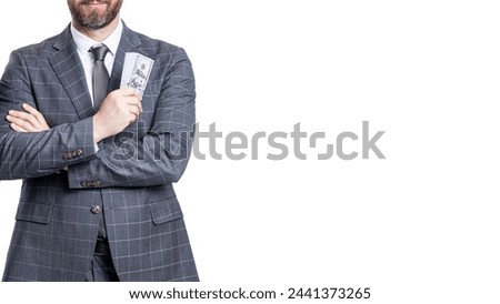 Businessman successful man with money has business success isolated on white, copy space