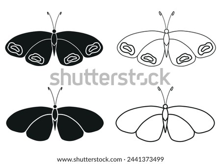 Butterfly icon set isolated on white background. Simple line and flat icons for logo, card, tattoo, embroidery or other design. Vector illustration. Not AI created.
