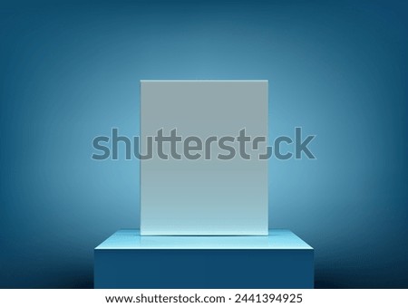 3D blue box podium with white backdrop sits on a pedestal against a blue background. Vector illustration