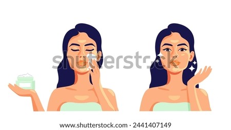 Skin care concept. A woman takes care of her face. Facial treatment. Before After. Beautiful woman portrait applying skin care toner and cream on her face. Set of vector isolated illustrations. 