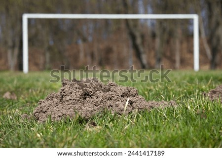 Soccer field with a goalpost in the background and a large mole hole situated in the foreground Royalty-Free Stock Photo #2441417189