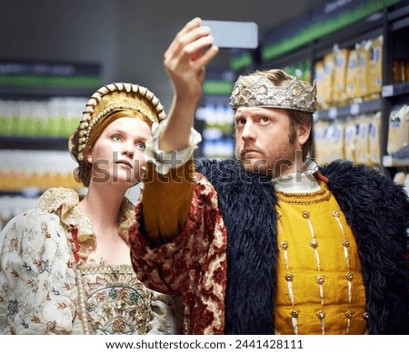 Selfie, supermarket and king and queen in costume for social media, online post and internet memories. Medieval fashion, renaissance and people take picture in market, store and shop in royal outfit